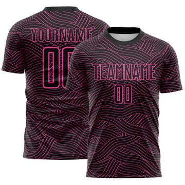 Custom Black-Pink Abstract Wave Lines Interlocking Sublimation Soccer Uniform Jersey