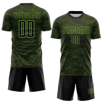 Custom Black-Neon Green Abstract Wave Lines Interlocking Sublimation Soccer Uniform Jersey