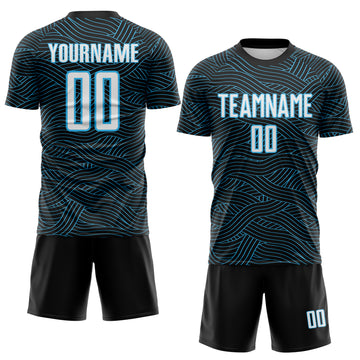 Custom Black White-Sky Blue Abstract Wave Lines Interlocking Sublimation Soccer Uniform Jersey