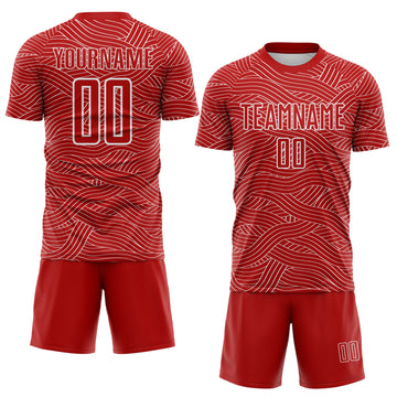 Custom Red-White Abstract Wave Lines Interlocking Sublimation Soccer Uniform Jersey