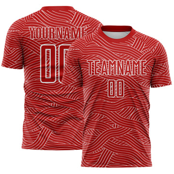 Custom Red-White Abstract Wave Lines Interlocking Sublimation Soccer Uniform Jersey