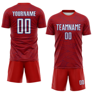 Custom Red White-Royal Abstract Wave Lines Interlocking Sublimation Soccer Uniform Jersey