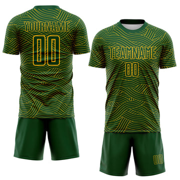 Custom Green-Gold Abstract Wave Lines Interlocking Sublimation Soccer Uniform Jersey