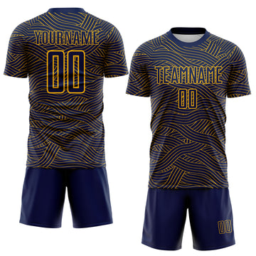 Custom Navy-Gold Abstract Wave Lines Interlocking Sublimation Soccer Uniform Jersey