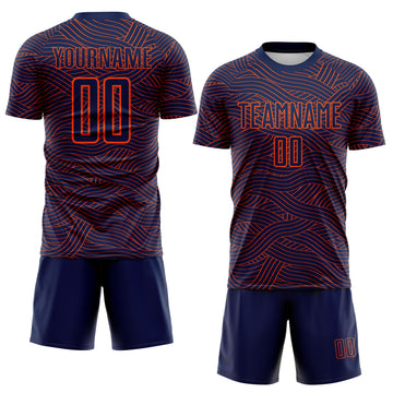 Custom Navy-Orange Abstract Wave Lines Interlocking Sublimation Soccer Uniform Jersey