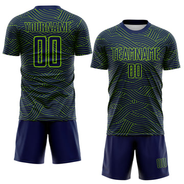 Custom Navy-Neon Green Abstract Wave Lines Interlocking Sublimation Soccer Uniform Jersey