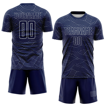 Custom Navy-Gray Abstract Wave Lines Interlocking Sublimation Soccer Uniform Jersey