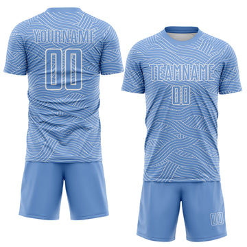 Custom Light Blue-White Abstract Wave Lines Interlocking Sublimation Soccer Uniform Jersey