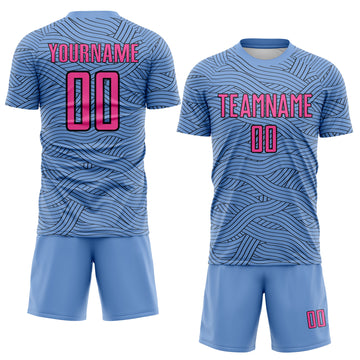 Custom Light Blue Pink-Black Abstract Wave Lines Interlocking Sublimation Soccer Uniform Jersey