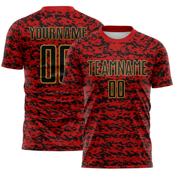 Custom Red Black-Old Gold Geometric Fragment Splatter Sublimation Soccer Uniform Jersey