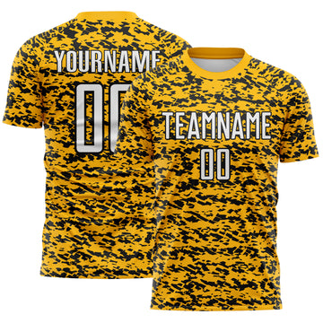 Custom Gold White-Black Geometric Fragment Splatter Sublimation Soccer Uniform Jersey