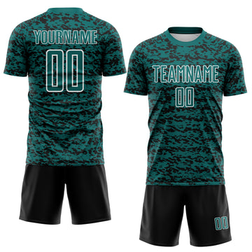 Custom Teal Black-White Geometric Fragment Splatter Sublimation Soccer Uniform Jersey