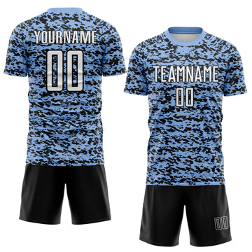 Custom Light Blue-Black Geometric Fragment Splatter Sublimation Soccer Uniform Jersey