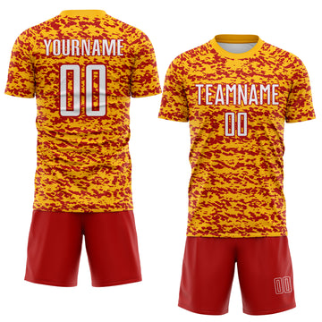 Custom Gold White-Red Geometric Fragment Splatter Sublimation Soccer Uniform Jersey