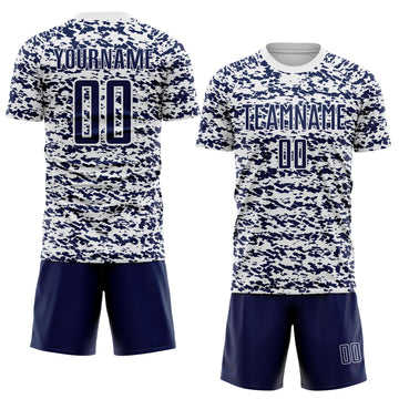 Custom White-Navy Geometric Fragment Splatter Sublimation Soccer Uniform Jersey