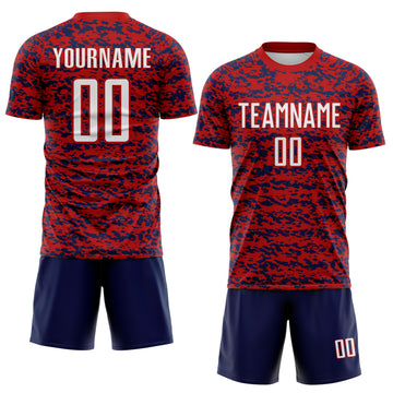 Custom Red White-Navy Geometric Fragment Splatter Sublimation Soccer Uniform Jersey