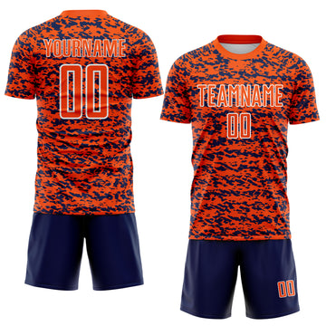 Custom Orange Navy-White Geometric Fragment Splatter Sublimation Soccer Uniform Jersey