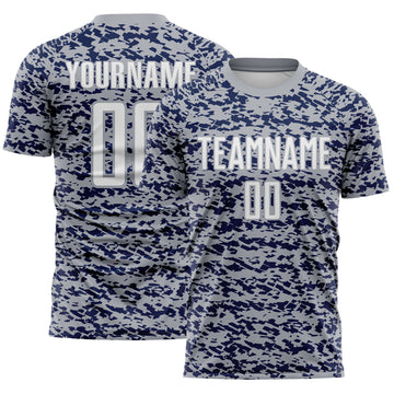 Custom Gray White-Navy Geometric Fragment Splatter Sublimation Soccer Uniform Jersey