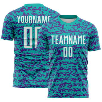 Custom Aqua White-Purple Geometric Fragment Splatter Sublimation Soccer Uniform Jersey