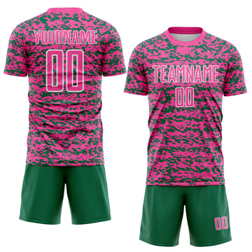 Custom Pink Kelly Green-White Geometric Fragment Splatter Sublimation Soccer Uniform Jersey