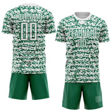 Custom White-Kelly Green Geometric Fragment Splatter Sublimation Soccer Uniform Jersey
