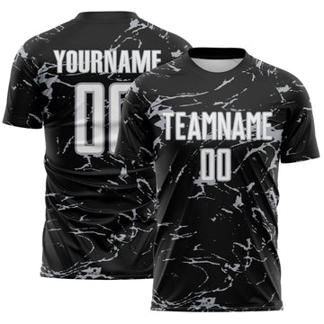 Custom Black White-Gray Abstract Fluid Marble Sublimation Soccer Uniform Jersey