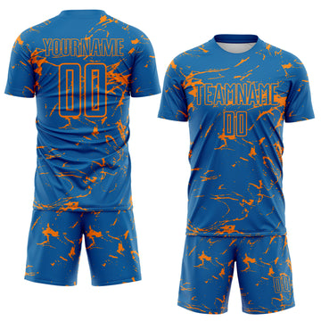 Custom Blue-Bay Orange Abstract Fluid Marble Sublimation Soccer Uniform Jersey