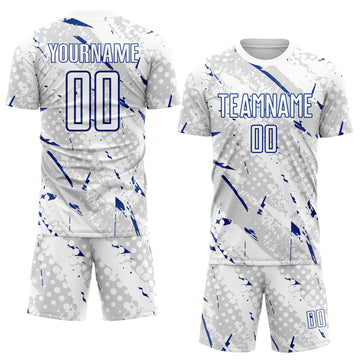Custom White Royal-Gray Brush Stroke Slashes And Dot Grid Sublimation Soccer Uniform Jersey