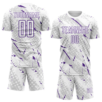 Custom White Purple-Gray Brush Stroke Slashes And Dot Grid Sublimation Soccer Uniform Jersey