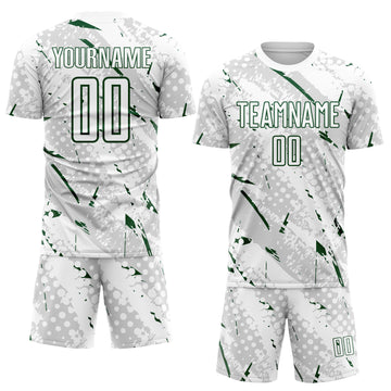 Custom White Green-Gray Brush Stroke Slashes And Dot Grid Sublimation Soccer Uniform Jersey