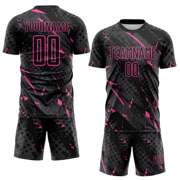 Custom Black Pink-Gray Brush Stroke Slashes And Dot Grid Sublimation Soccer Uniform Jersey