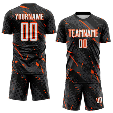 Custom Black White Orange-Gray Brush Stroke Slashes And Dot Grid Sublimation Soccer Uniform Jersey