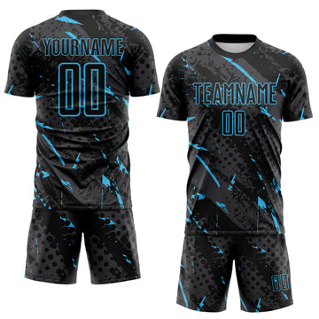 Custom Black Sky Blue-Gray Brush Stroke Slashes And Dot Grid Sublimation Soccer Uniform Jersey