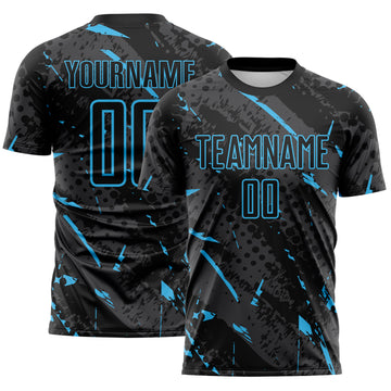 Custom Black Sky Blue-Gray Brush Stroke Slashes And Dot Grid Sublimation Soccer Uniform Jersey