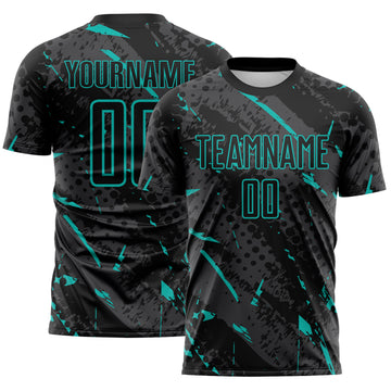 Custom Black Aqua-Gray Brush Stroke Slashes And Dot Grid Sublimation Soccer Uniform Jersey