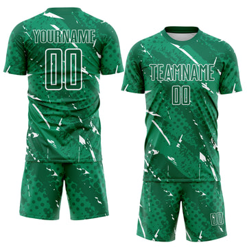 Custom Kelly Green-White Brush Stroke Slashes And Dot Grid Sublimation Soccer Uniform Jersey