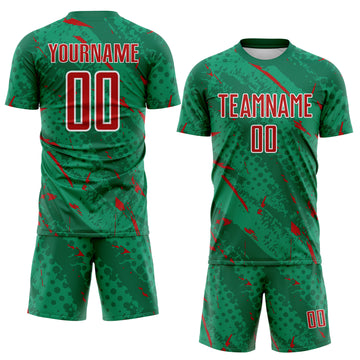 Custom Kelly Green Red-White Brush Stroke Slashes And Dot Grid Sublimation Soccer Uniform Jersey