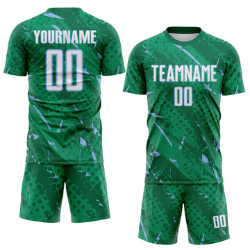 Custom Kelly Green White-Light Blue Brush Stroke Slashes And Dot Grid Sublimation Soccer Uniform Jersey