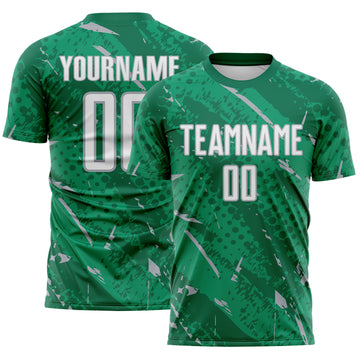 Custom Kelly Green White-Gray Brush Stroke Slashes And Dot Grid Sublimation Soccer Uniform Jersey