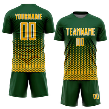 Custom Green Gold-White Geometric Hexagonal Dot Gradient Sublimation Soccer Uniform Jersey