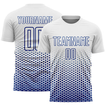 Custom White-Royal Geometric Hexagonal Dot Gradient Sublimation Soccer Uniform Jersey