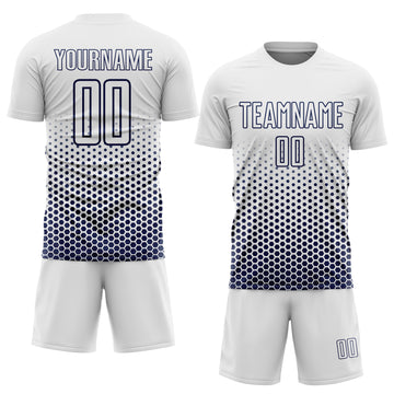 Custom White-Navy Geometric Hexagonal Dot Gradient Sublimation Soccer Uniform Jersey