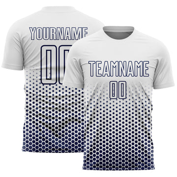 Custom White-Navy Geometric Hexagonal Dot Gradient Sublimation Soccer Uniform Jersey