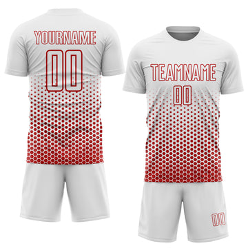 Custom White-Red Geometric Hexagonal Dot Gradient Sublimation Soccer Uniform Jersey