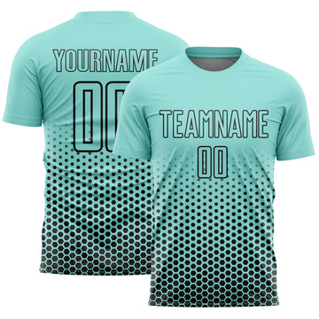 Custom Ice Blue-Black Geometric Hexagonal Dot Gradient Sublimation Soccer Uniform Jersey