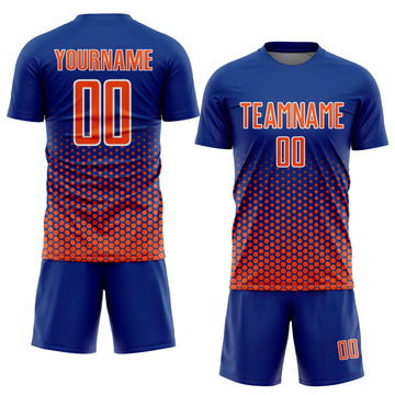 Custom Royal Orange-White Geometric Hexagonal Dot Gradient Sublimation Soccer Uniform Jersey
