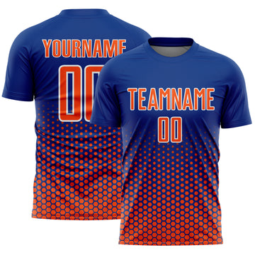 Custom Royal Orange-White Geometric Hexagonal Dot Gradient Sublimation Soccer Uniform Jersey