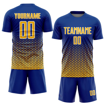 Custom Royal Gold-White Geometric Hexagonal Dot Gradient Sublimation Soccer Uniform Jersey