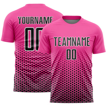 Custom Pink Black-White Geometric Hexagonal Dot Gradient Sublimation Soccer Uniform Jersey