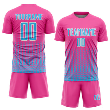 Custom Pink Sky Blue-White Geometric Hexagonal Dot Gradient Sublimation Soccer Uniform Jersey